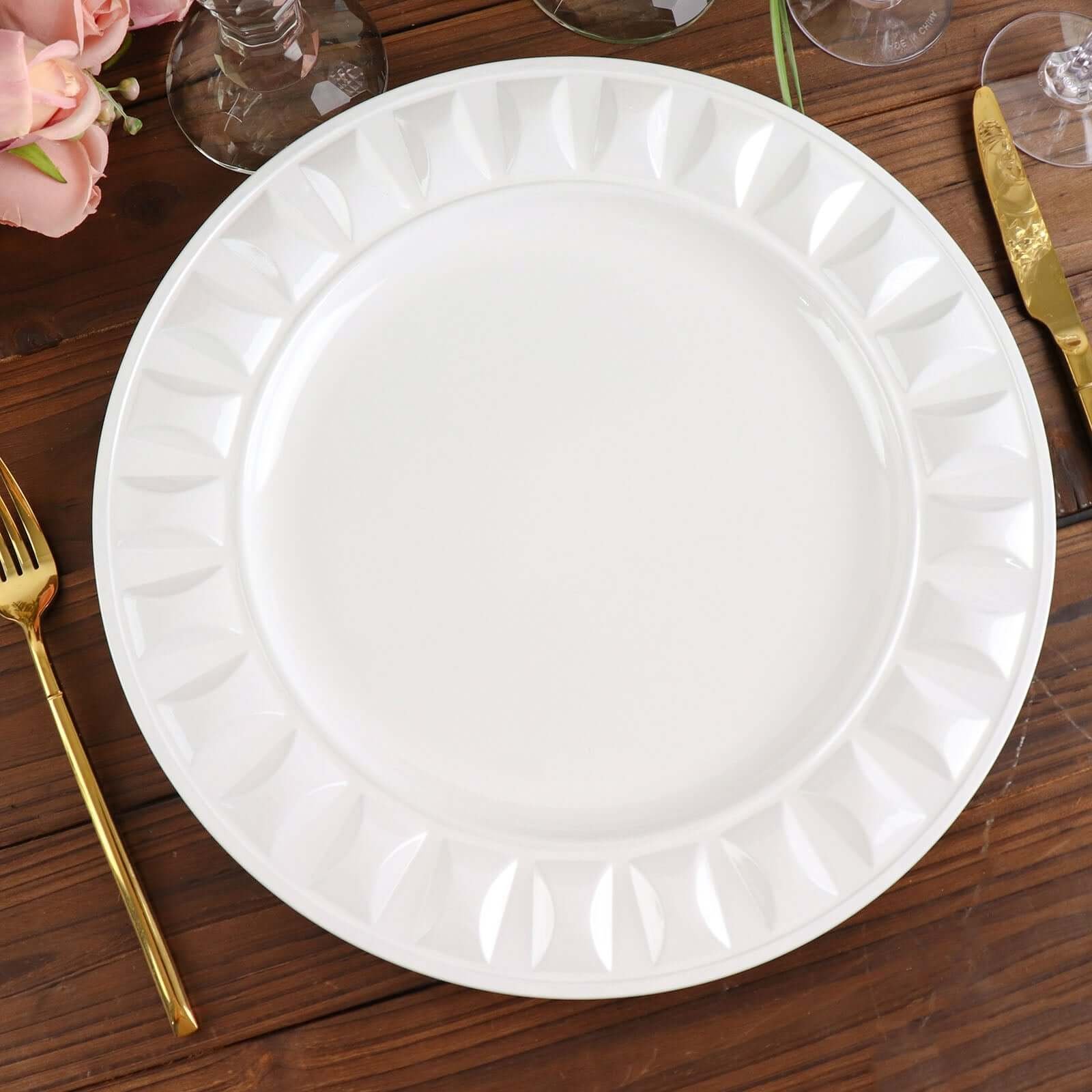 6-Pack Plastic Charger Plates 13" Round White Bejeweled Rim - Luxe Decorative Dinner Party Charger Tableware