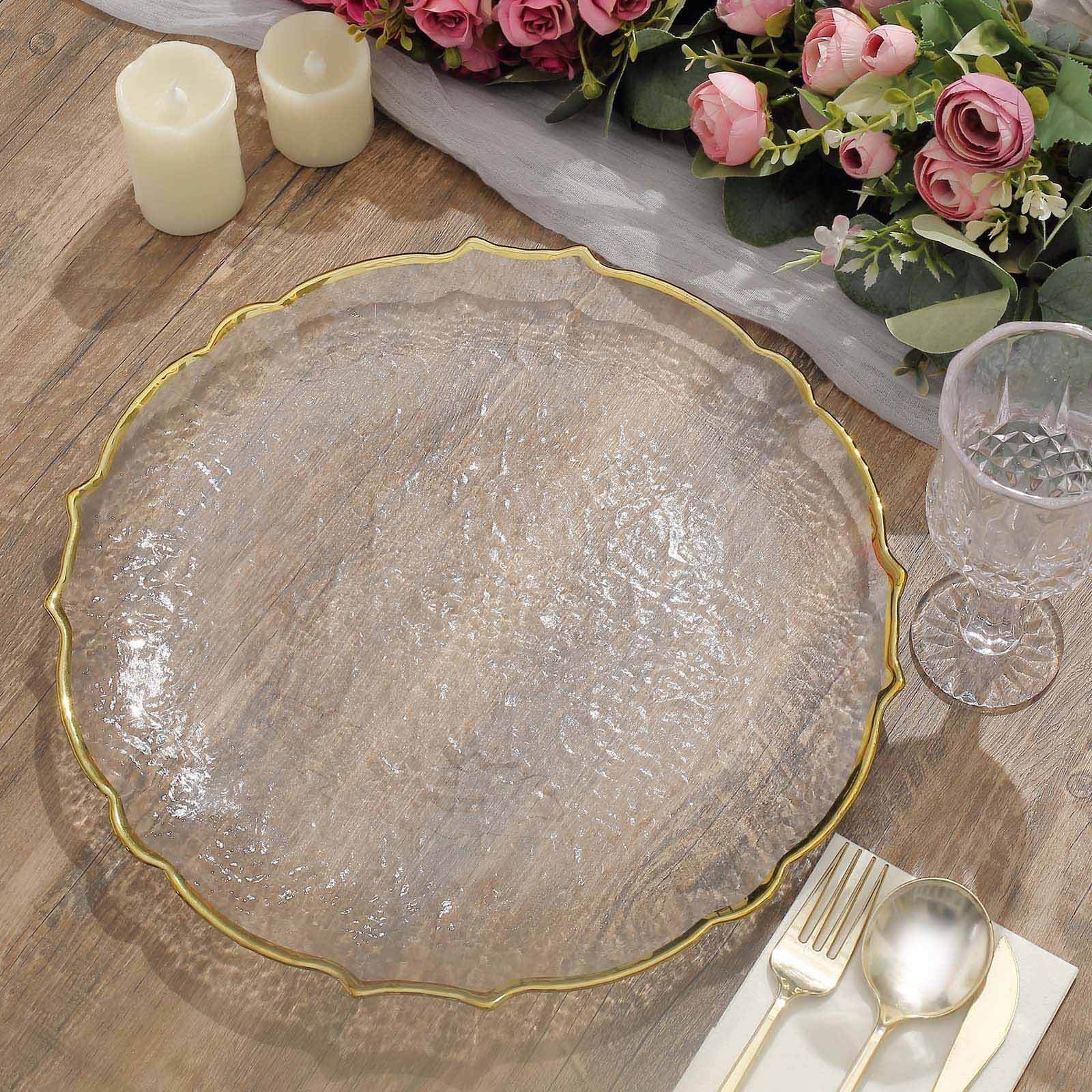 8-Pack Glass Charger Plates 13" Round Clear Gold Sunflower Scalloped Rim - Decorative Dinner Chargers