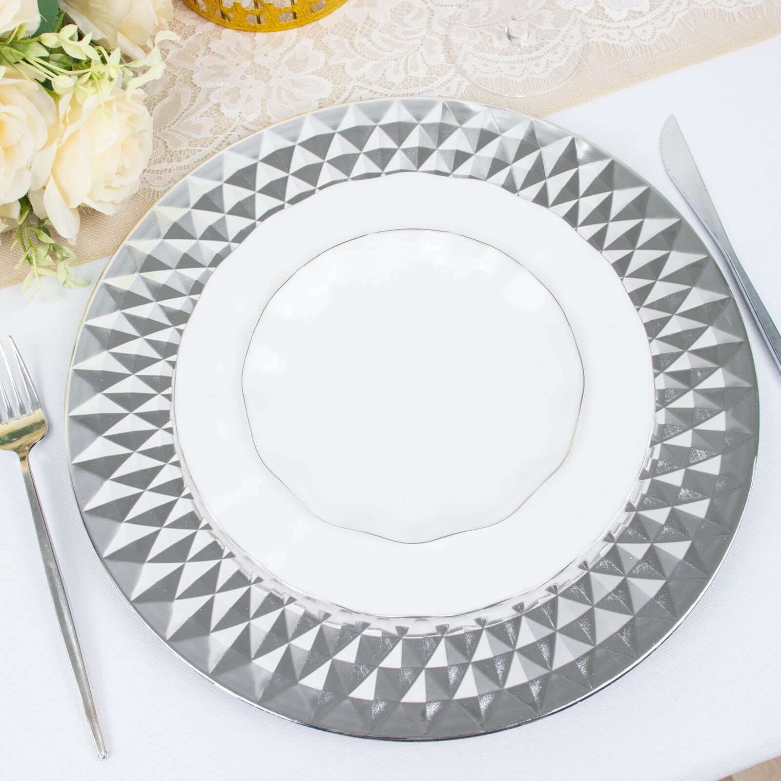 Alternative view of 6-Pack Plastic Charger Plates 13" Round Silver Diamond Pattern - Sparkling Disposable Dinner Charger Tableware