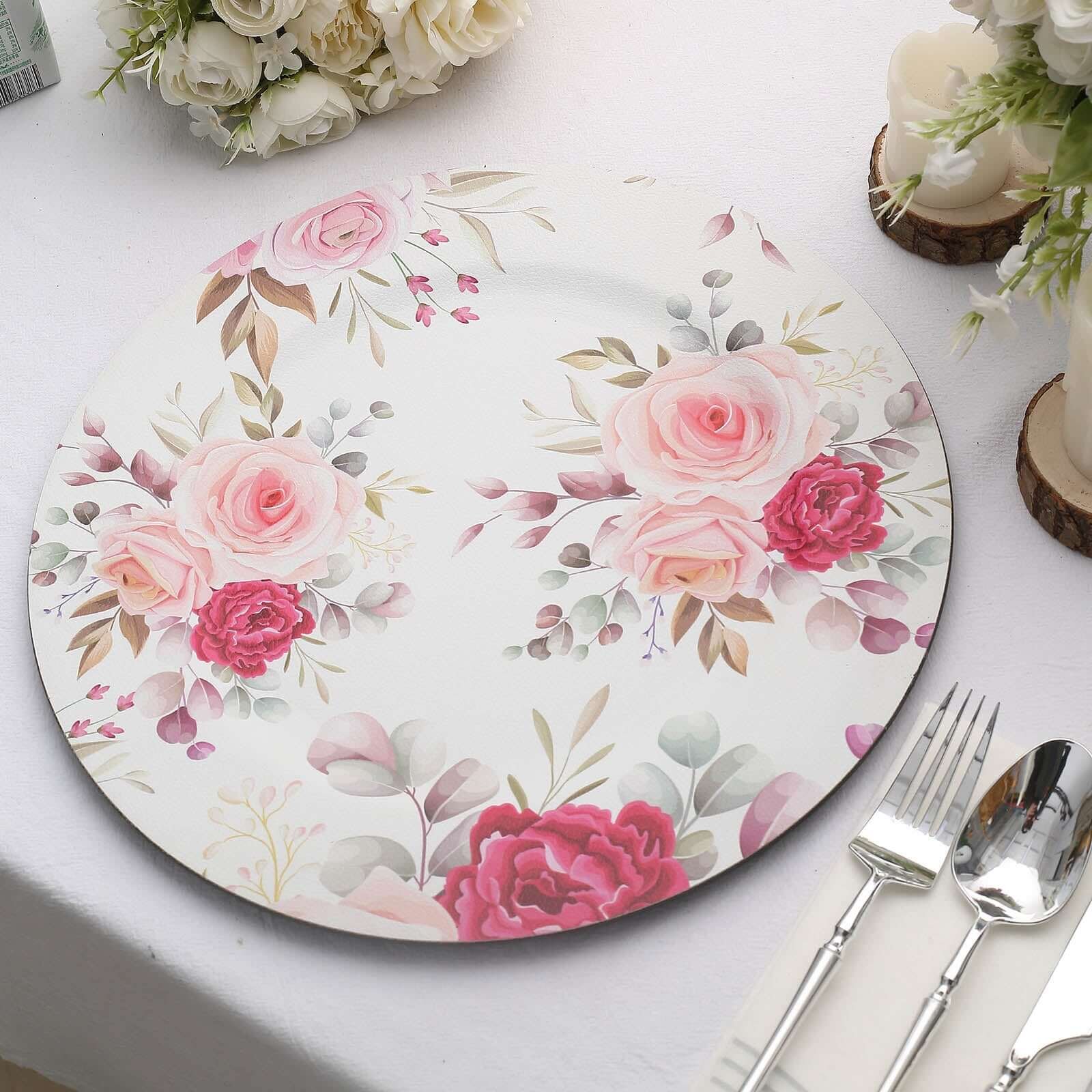 Alternative view of 6-Pack Plastic Charger Plates 13" Round White with Assorted Rose Floral Print - Decorative Dinner Party Charger Tableware